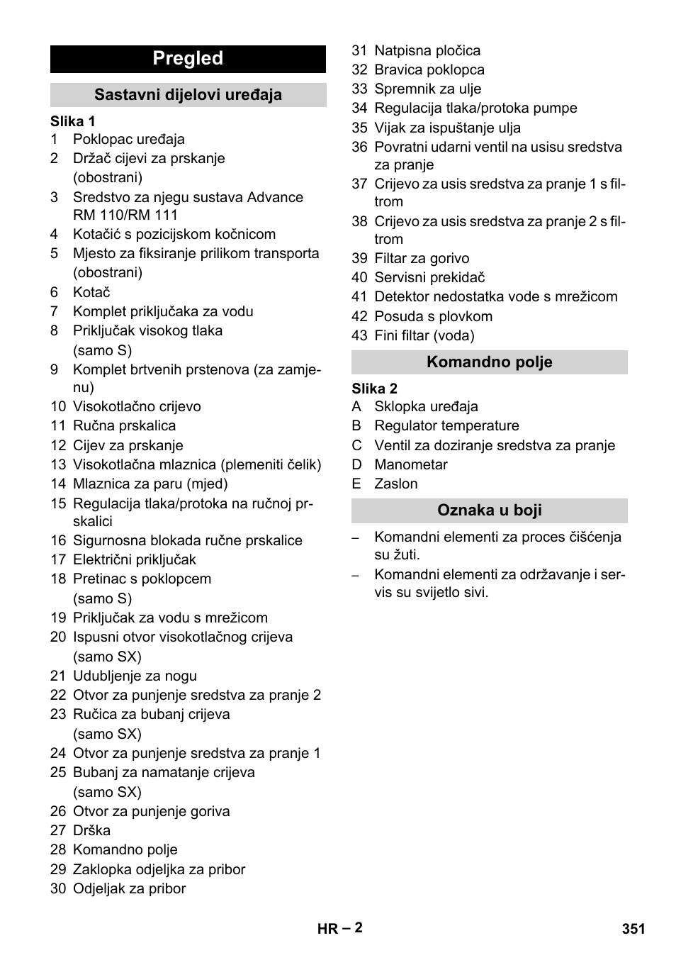 Pregled, Sastavni dijelovi uređaja, Komandno polje | Oznaka u boji | Karcher HDS 13-20-4 SX User Manual | Page 351 / 472