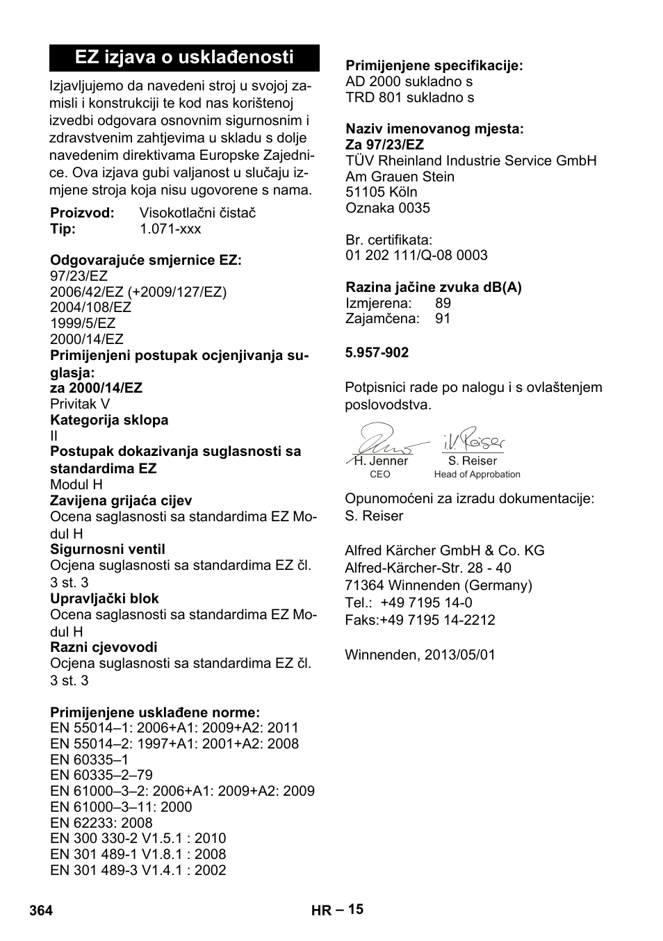 Ez izjava o usklađenosti | Karcher HDS 13-20-4 SX User Manual | Page 364 / 472