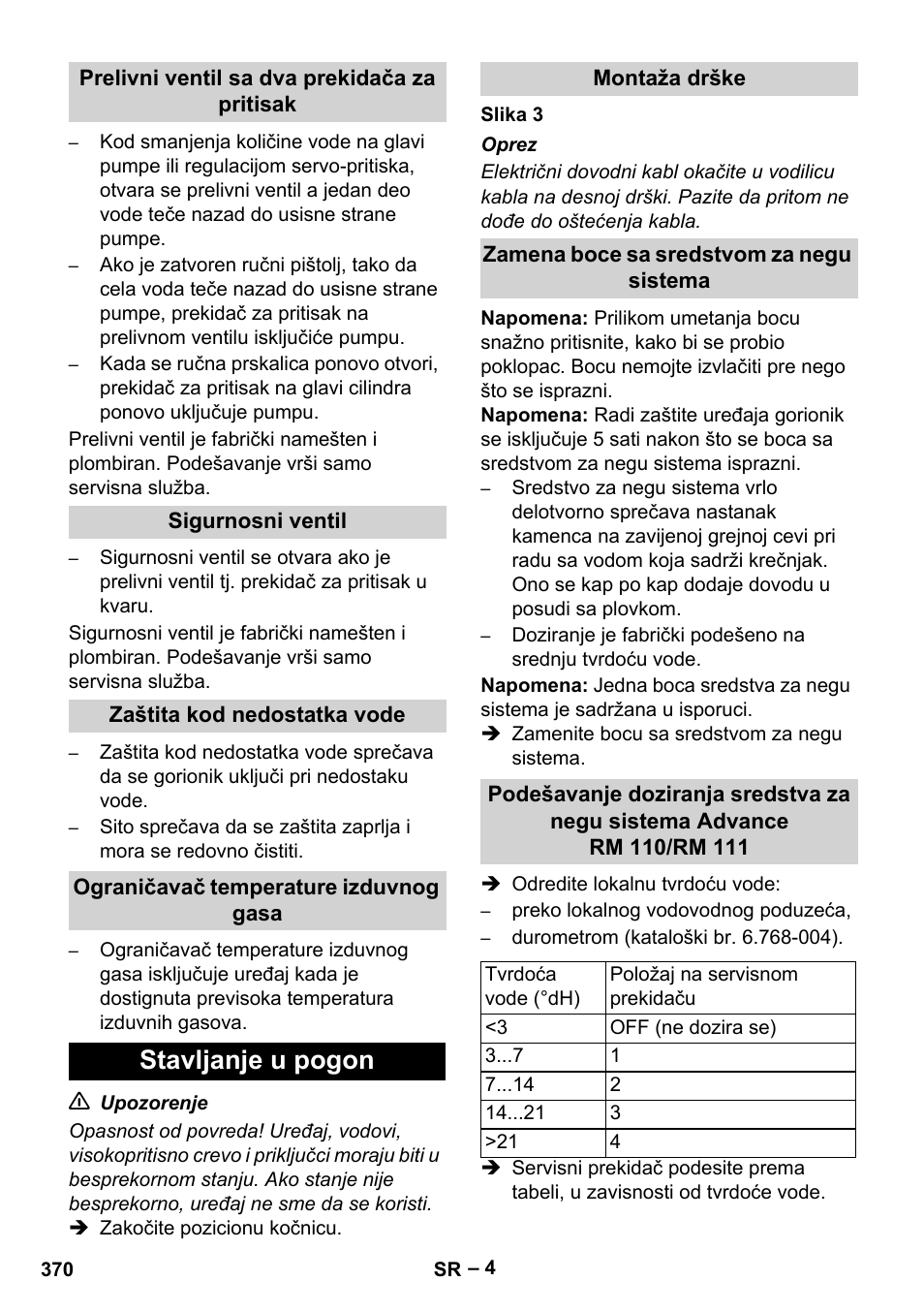 Prelivni ventil sa dva prekidača za pritisak, Sigurnosni ventil, Zaštita kod nedostatka vode | Ograničavač temperature izduvnog gasa, Stavljanje u pogon, Montaža drške, Zamena boce sa sredstvom za negu sistema | Karcher HDS 13-20-4 SX User Manual | Page 370 / 472