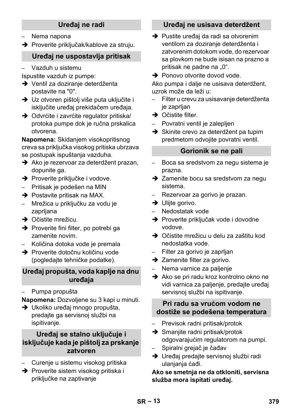 Uređaj ne radi, Uređaj ne uspostavlja pritisak, Uređaj propušta, voda kaplje na dnu uređaja | Uređaj ne usisava deterdžent, Gorionik se ne pali | Karcher HDS 13-20-4 SX User Manual | Page 379 / 472