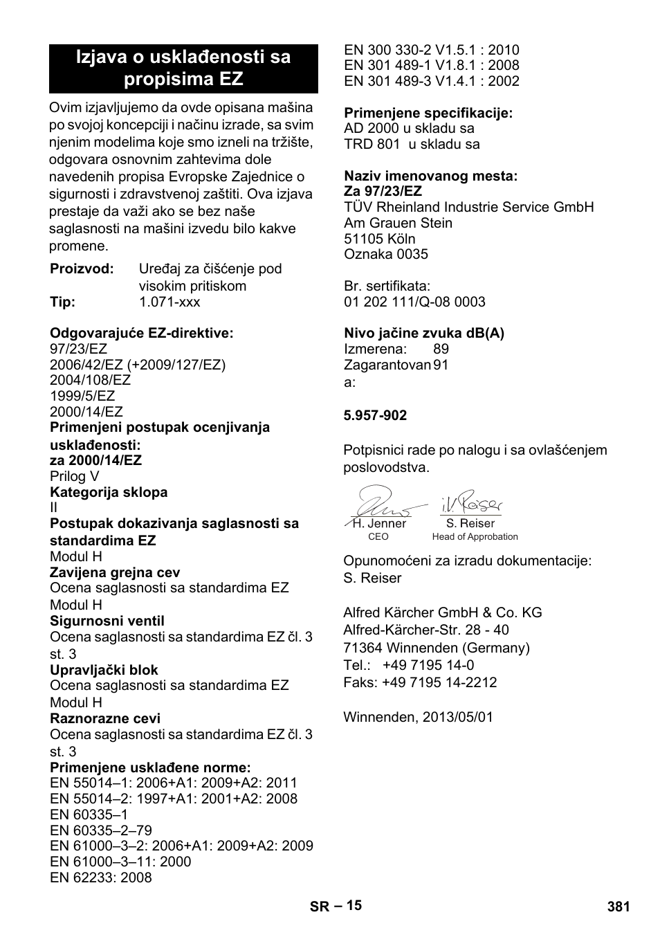 Izjava o usklađenosti sa propisima ez | Karcher HDS 13-20-4 SX User Manual | Page 381 / 472