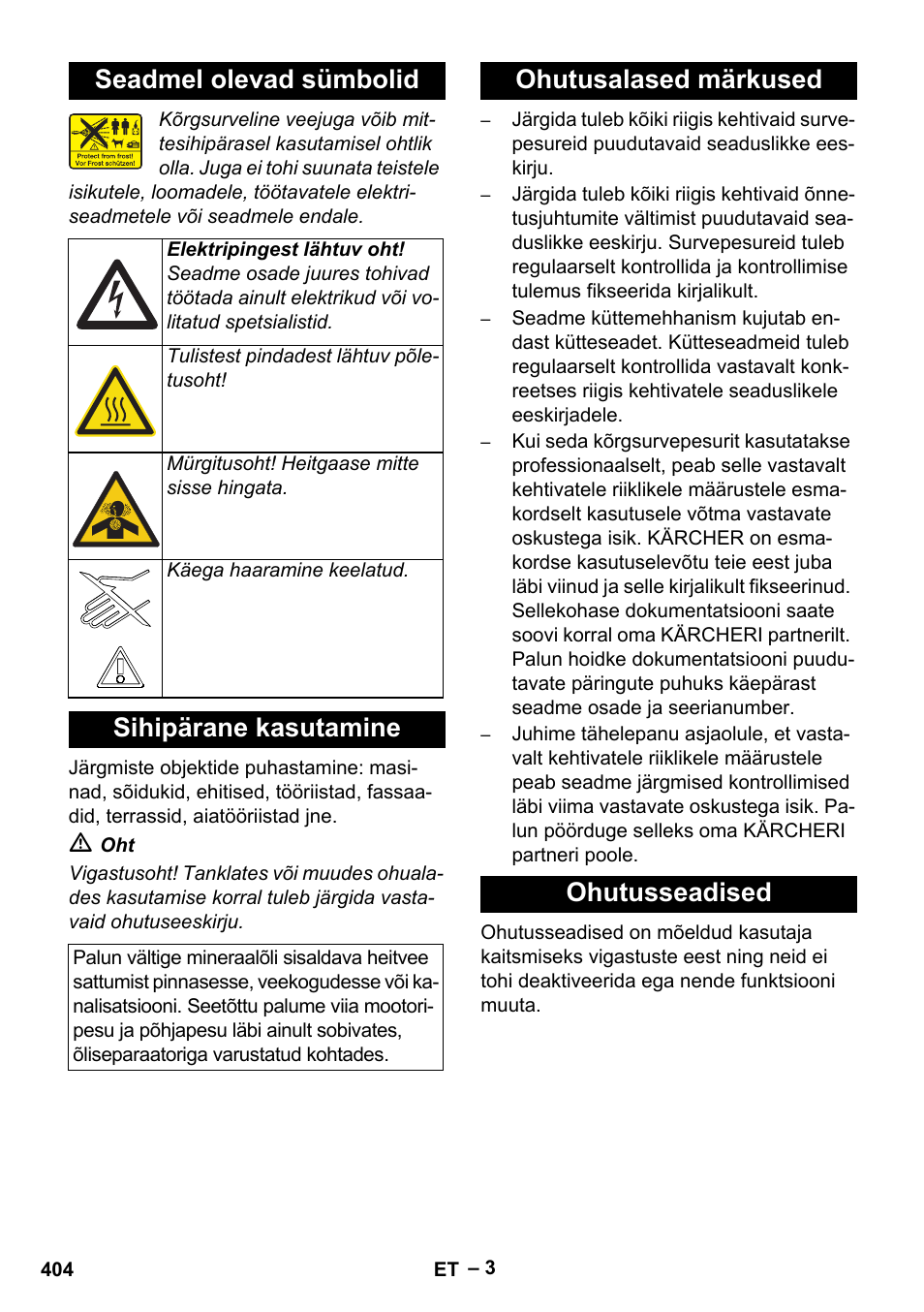 Seadmel olevad sümbolid, Sihipärane kasutamine, Ohutusalased märkused | Ohutusseadised, Ohutusalased märkused ohutusseadised | Karcher HDS 13-20-4 SX User Manual | Page 404 / 472