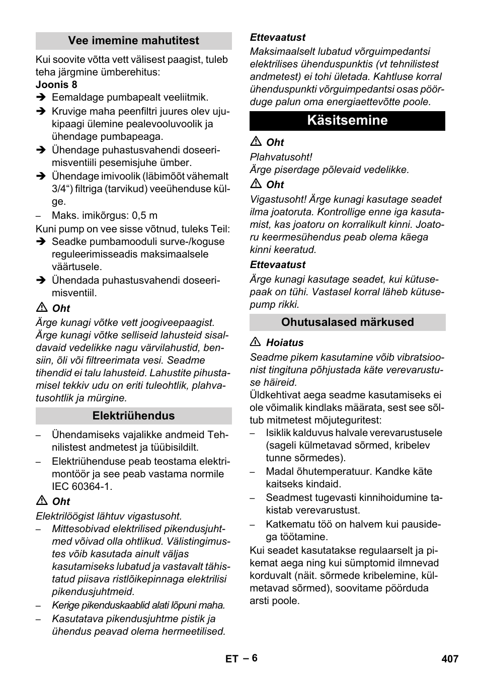 Vee imemine mahutitest, Elektriühendus, Käsitsemine | Ohutusalased märkused | Karcher HDS 13-20-4 SX User Manual | Page 407 / 472