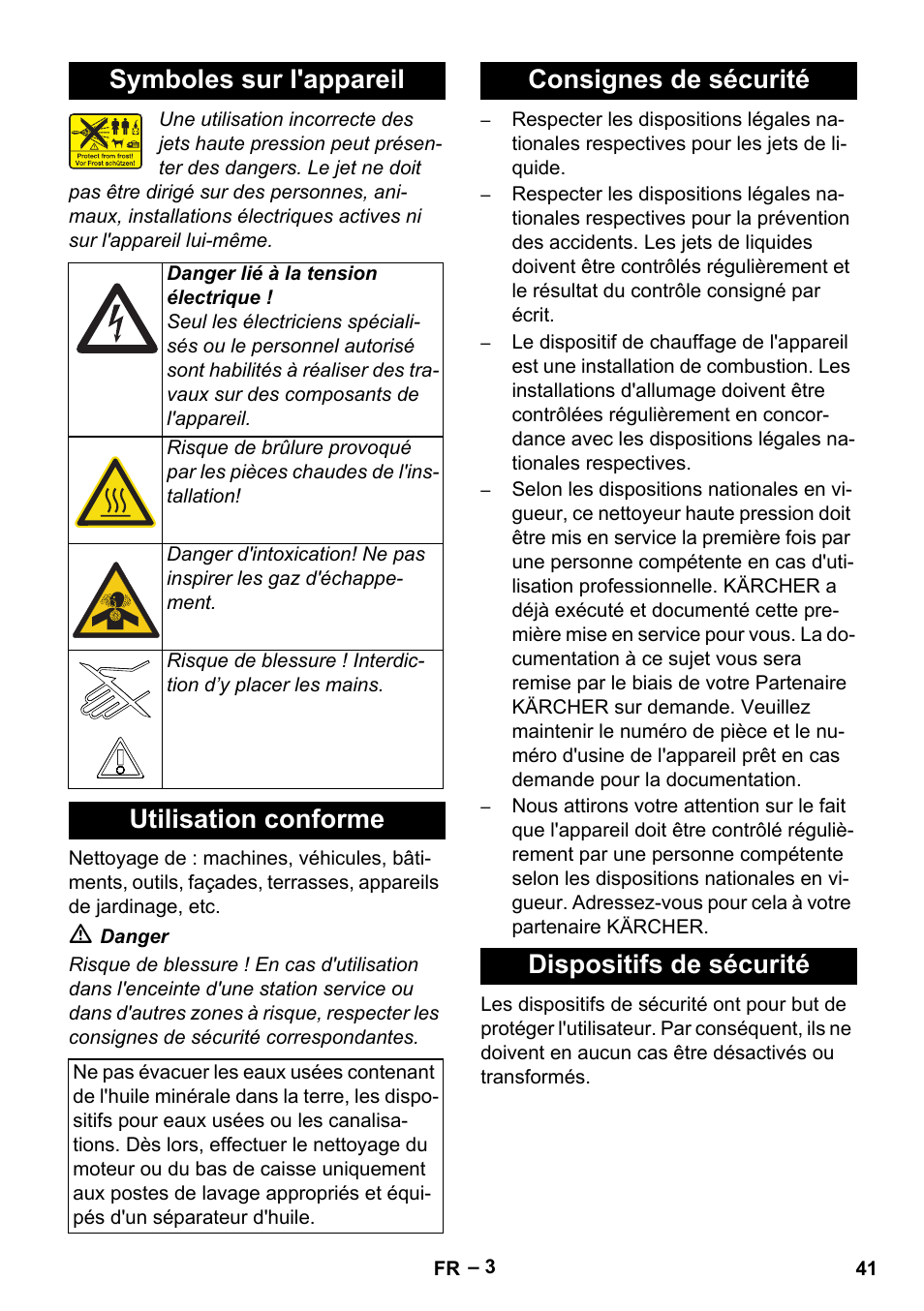 Symboles sur l'appareil, Utilisation conforme, Consignes de sécurité | Dispositifs de sécurité, Consignes de sécurité dispositifs de sécurité | Karcher HDS 13-20-4 SX User Manual | Page 41 / 472