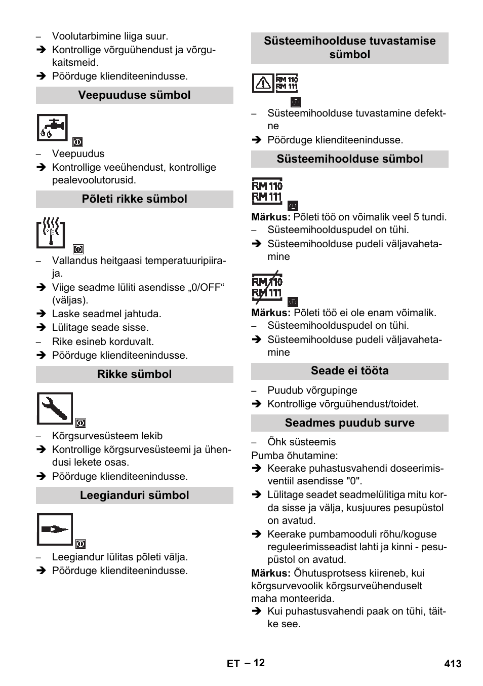 Veepuuduse sümbol, Põleti rikke sümbol, Rikke sümbol | Leegianduri sümbol, Süsteemihoolduse tuvastamise sümbol, Süsteemihoolduse sümbol, Seade ei tööta, Seadmes puudub surve | Karcher HDS 13-20-4 SX User Manual | Page 413 / 472