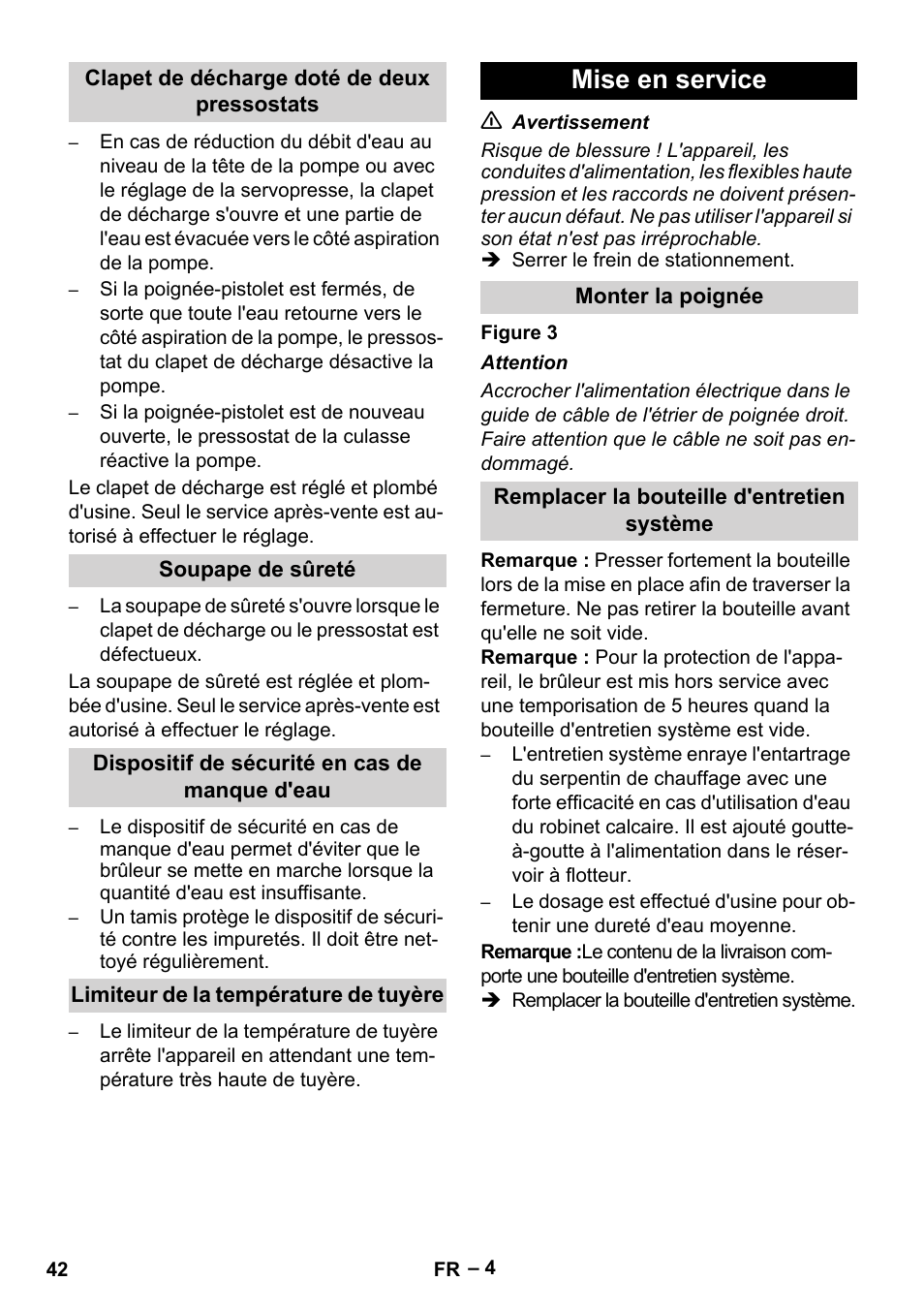 Clapet de décharge doté de deux pressostats, Soupape de sûreté, Dispositif de sécurité en cas de manque d'eau | Limiteur de la température de tuyère, Mise en service, Monter la poignée, Remplacer la bouteille d'entretien système | Karcher HDS 13-20-4 SX User Manual | Page 42 / 472