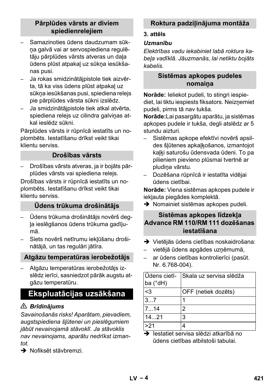 Pārplūdes vārsts ar diviem spiedienrelejiem, Drošības vārsts, Ūdens trūkuma drošinātājs | Atgāzu temperatūras ierobežotājs, Ekspluatācijas uzsākšana, Roktura padziļinājuma montāža, Sistēmas apkopes pudeles nomaiņa | Karcher HDS 13-20-4 SX User Manual | Page 421 / 472