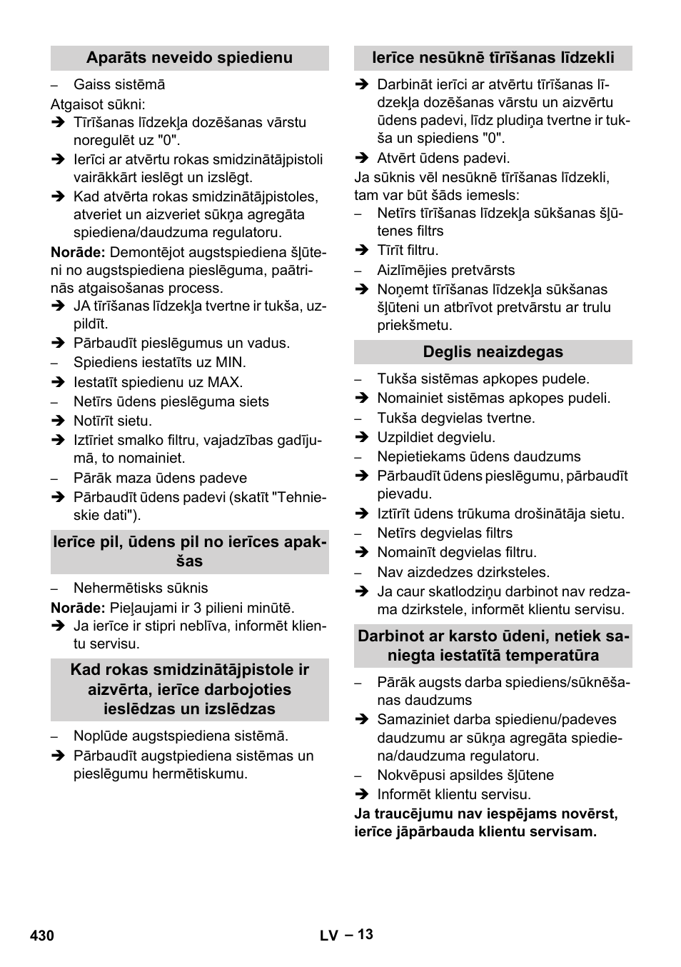 Aparāts neveido spiedienu, Ierīce pil, ūdens pil no ierīces apakšas, Ierīce nesūknē tīrīšanas līdzekli | Deglis neaizdegas | Karcher HDS 13-20-4 SX User Manual | Page 430 / 472