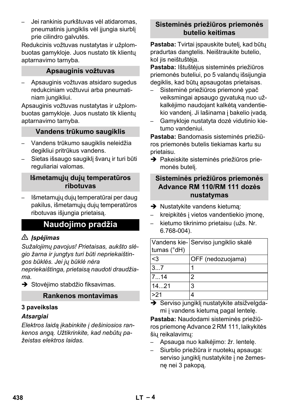 Apsauginis vožtuvas, Vandens trūkumo saugiklis, Išmetamųjų dujų temperatūros ribotuvas | Naudojimo pradžia, Rankenos montavimas, Sisteminės priežiūros priemonės butelio keitimas | Karcher HDS 13-20-4 SX User Manual | Page 438 / 472