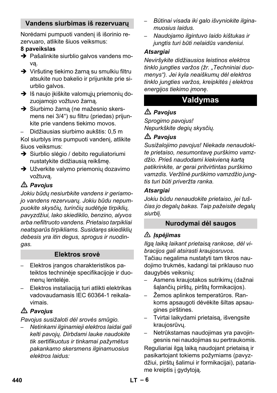 Vandens siurbimas iš rezervuarų, Elektros srovė, Valdymas | Nurodymai dėl saugos | Karcher HDS 13-20-4 SX User Manual | Page 440 / 472