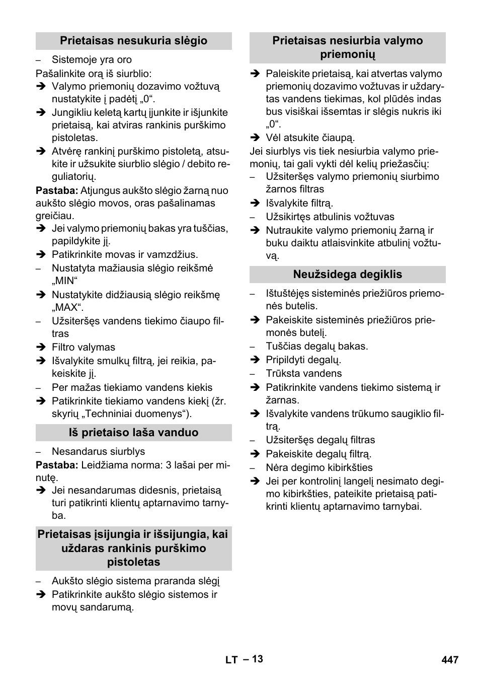 Prietaisas nesukuria slėgio, Iš prietaiso laša vanduo, Prietaisas nesiurbia valymo priemonių | Neužsidega degiklis | Karcher HDS 13-20-4 SX User Manual | Page 447 / 472