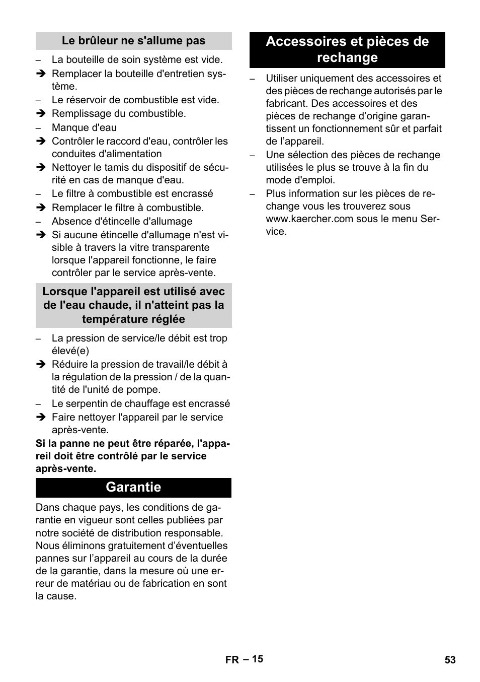 Le brûleur ne s'allume pas, Garantie, Accessoires et pièces de rechange | Garantie accessoires et pièces de rechange | Karcher HDS 13-20-4 SX User Manual | Page 53 / 472