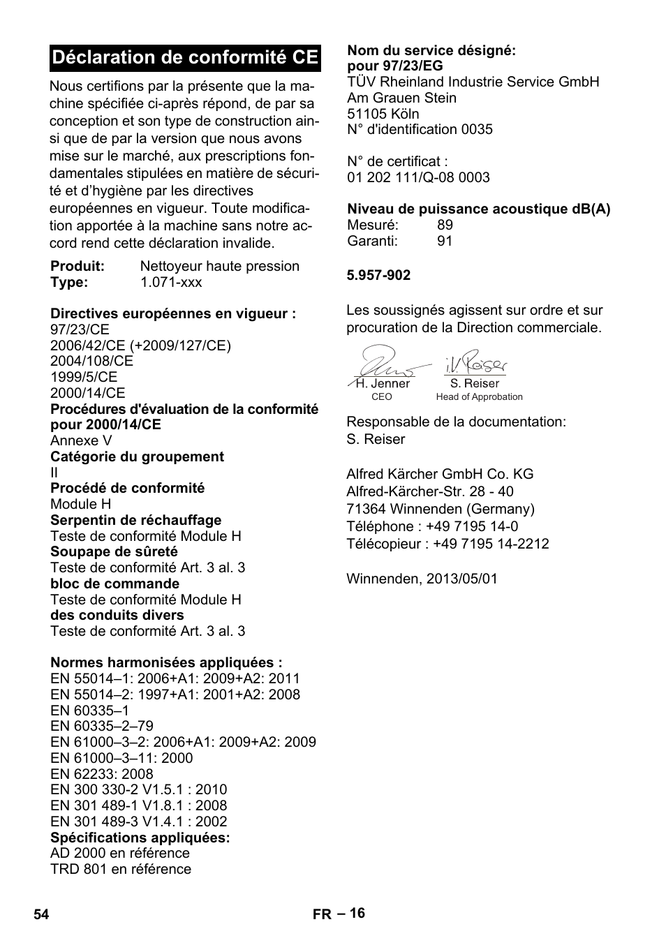 Déclaration de conformité ce | Karcher HDS 13-20-4 SX User Manual | Page 54 / 472