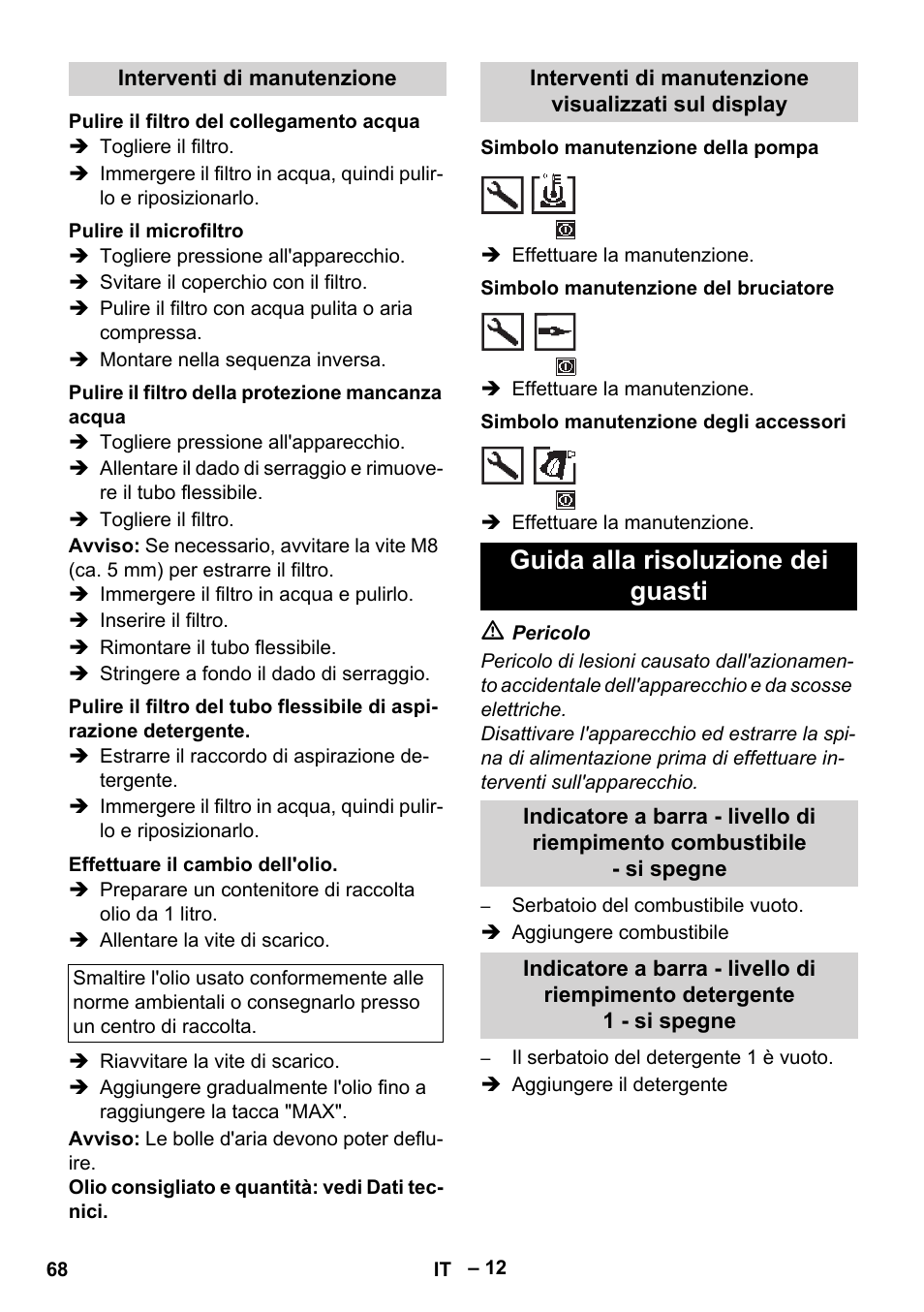 Interventi di manutenzione, Pulire il filtro del collegamento acqua, Pulire il microfiltro | Pulire il filtro della protezione mancanza acqua, Effettuare il cambio dell'olio, Simbolo manutenzione della pompa, Simbolo manutenzione del bruciatore, Simbolo manutenzione degli accessori, Guida alla risoluzione dei guasti | Karcher HDS 13-20-4 SX User Manual | Page 68 / 472