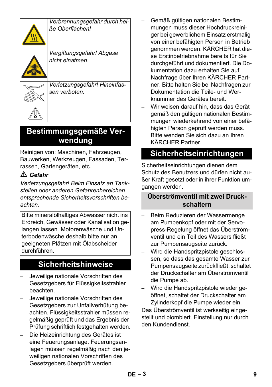 Bestimmungsgemäße verwendung, Sicherheitshinweise, Sicherheitseinrichtungen | Überströmventil mit zwei druckschaltern, Bestimmungsgemäße ver- wendung, Sicherheitshinweise sicherheitseinrichtungen | Karcher HDS 13-20-4 SX User Manual | Page 9 / 472