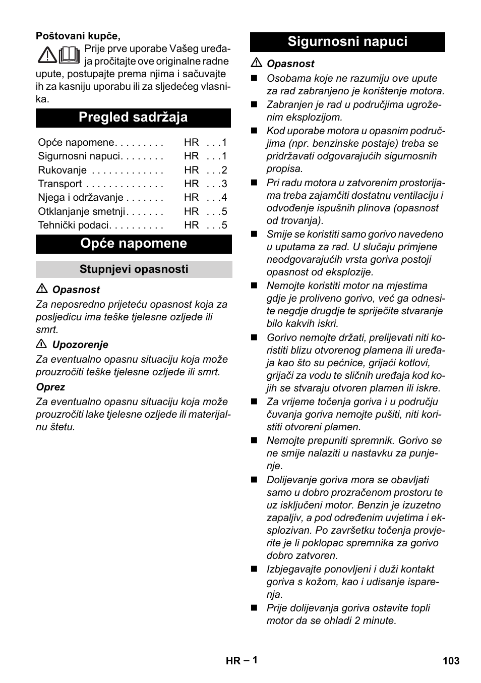 Hrvatski, Pregled sadržaja, Opće napomene | Sigurnosni napuci | Karcher G 4-10 M User Manual | Page 103 / 137