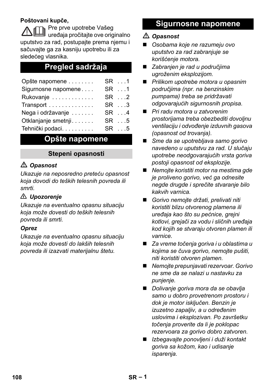 Srpski, Pregled sadržaja, Opšte napomene | Sigurnosne napomene | Karcher G 4-10 M User Manual | Page 108 / 137