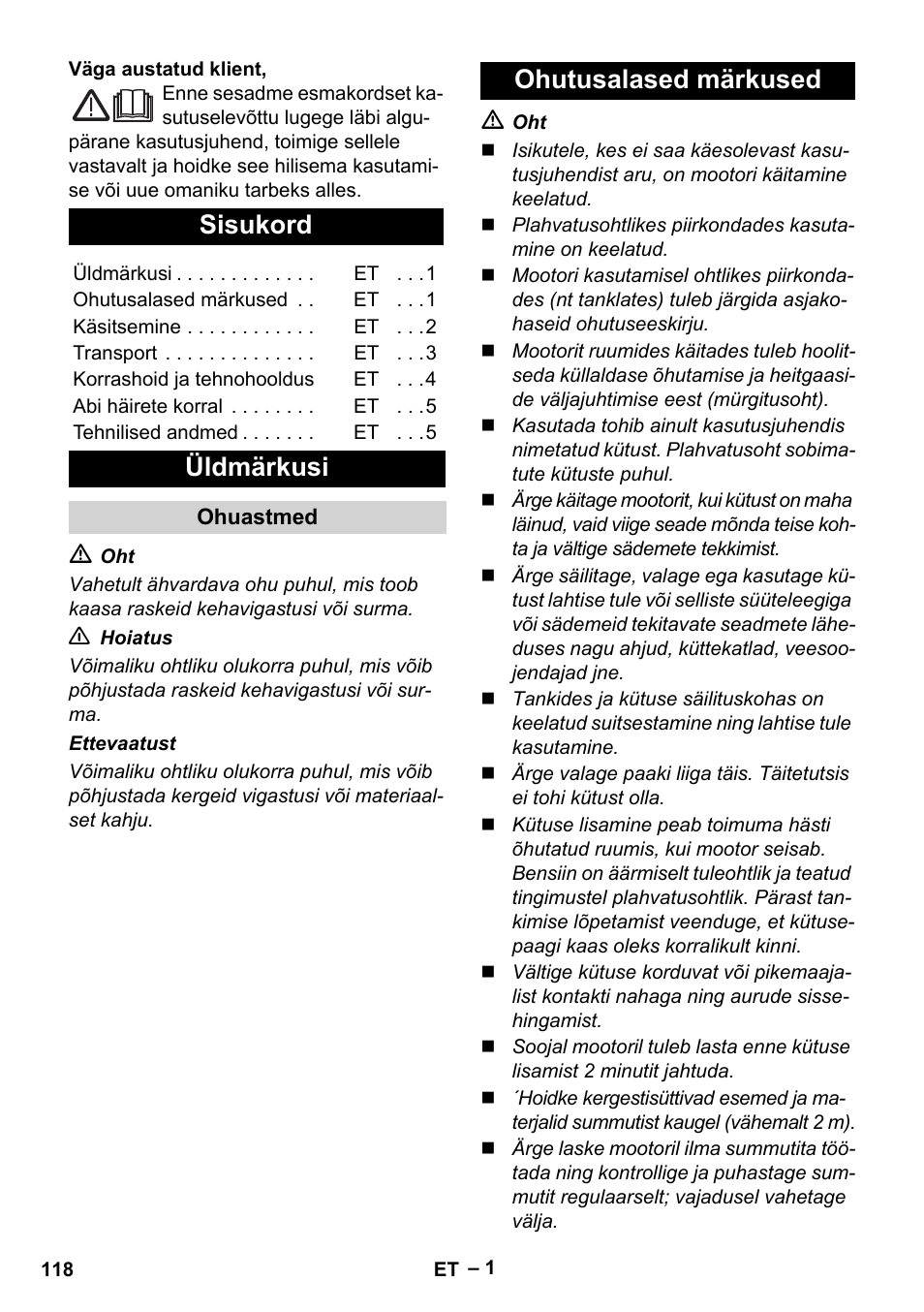 Eesti, Sisukord, Üldmärkusi | Ohutusalased märkused | Karcher G 4-10 M User Manual | Page 118 / 137