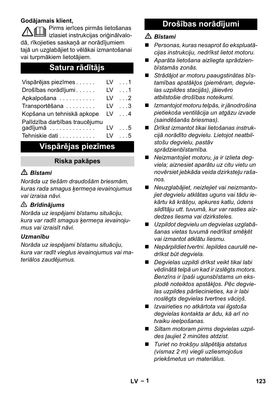 Latviešu, Satura rādītājs, Vispārējas piezīmes | Drošības norādījumi | Karcher G 4-10 M User Manual | Page 123 / 137