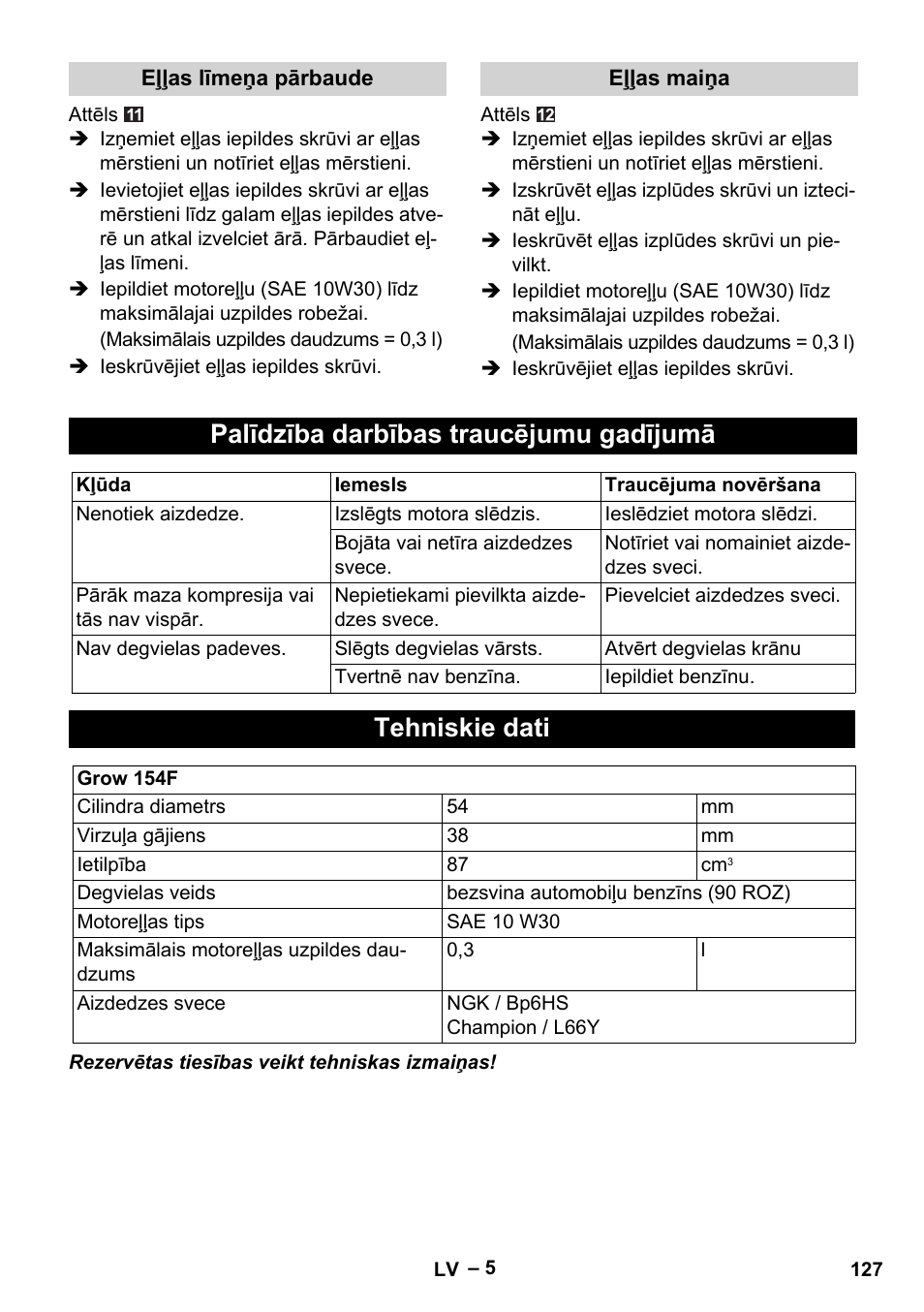 Palīdzība darbības traucējumu gadījumā, Tehniskie dati | Karcher G 4-10 M User Manual | Page 127 / 137