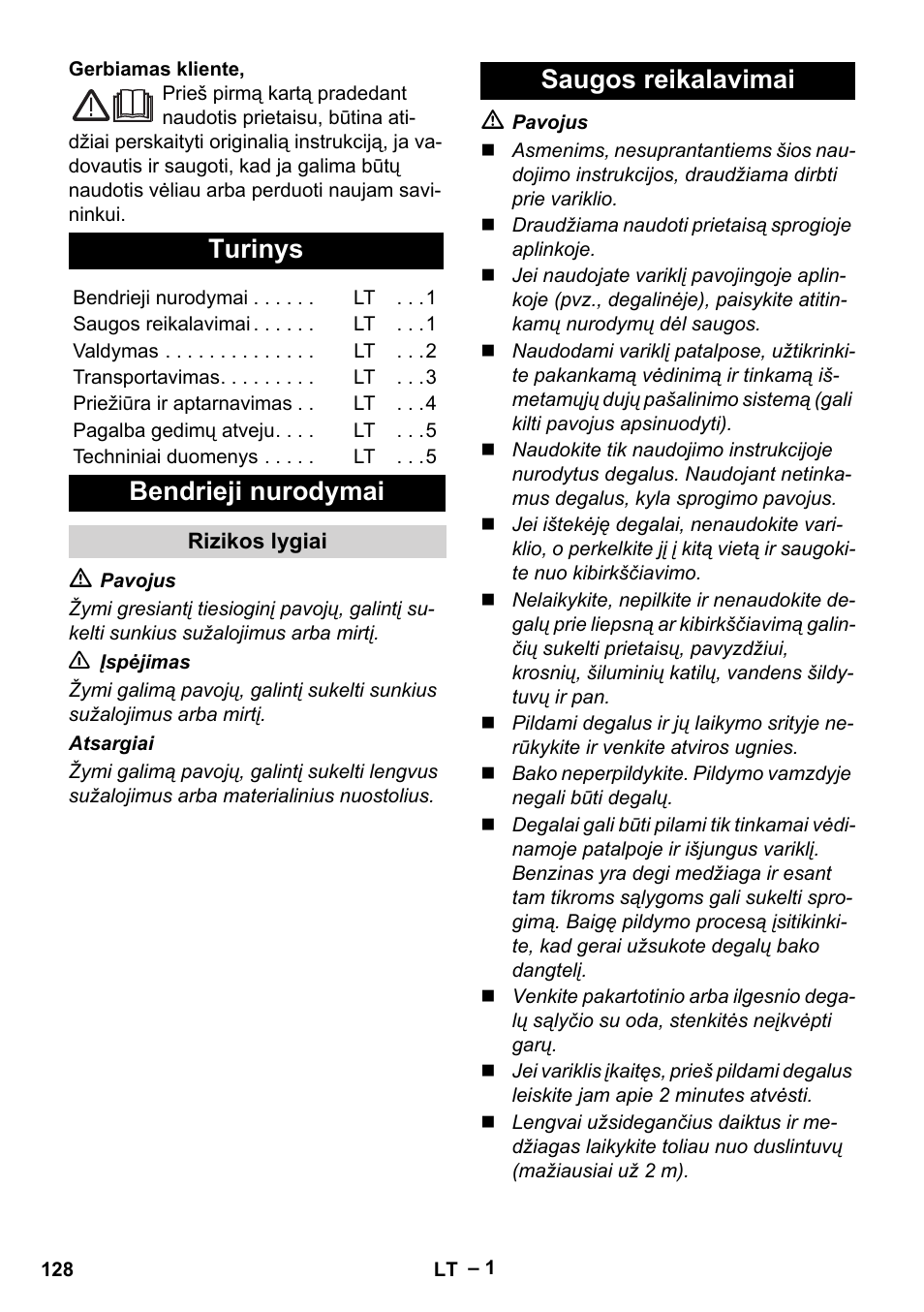 Lietuviškai, Turinys, Bendrieji nurodymai | Saugos reikalavimai | Karcher G 4-10 M User Manual | Page 128 / 137