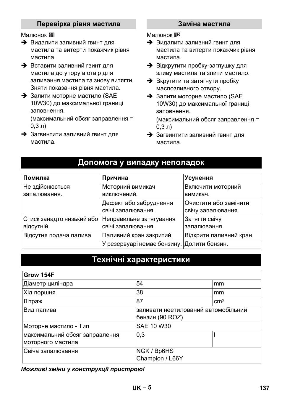 Допомога у випадку неполадок, Технічні характеристики | Karcher G 4-10 M User Manual | Page 137 / 137