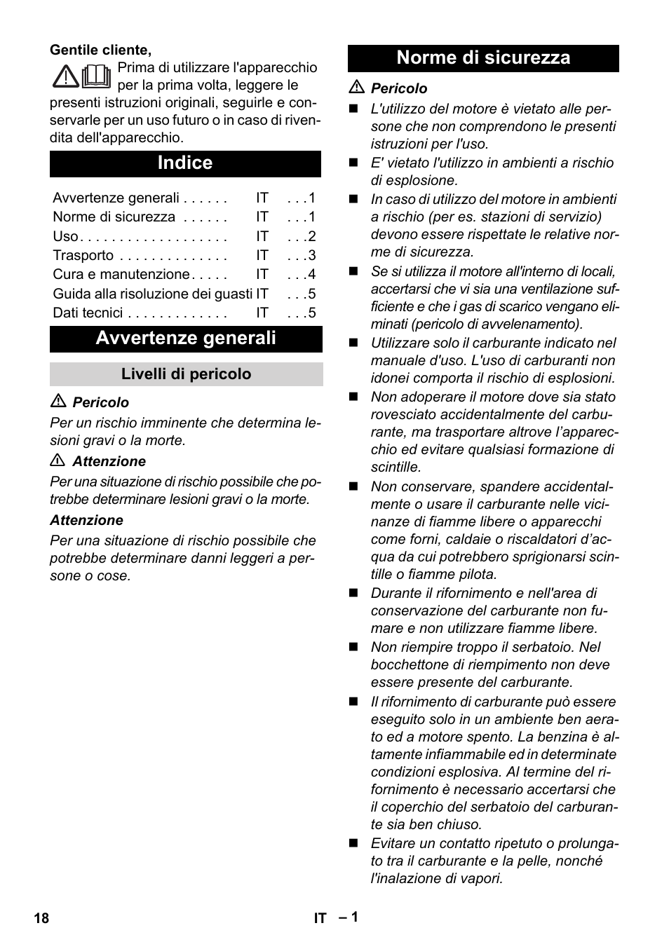 Italiano, Indice, Avvertenze generali | Norme di sicurezza | Karcher G 4-10 M User Manual | Page 18 / 137