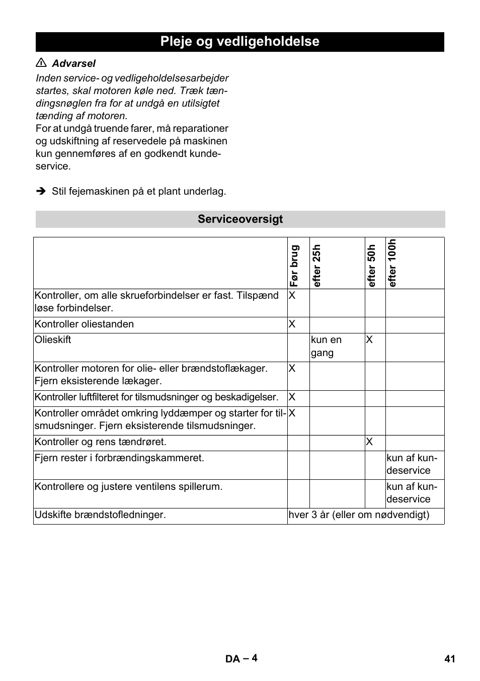 Pleje og vedligeholdelse | Karcher G 4-10 M User Manual | Page 41 / 137