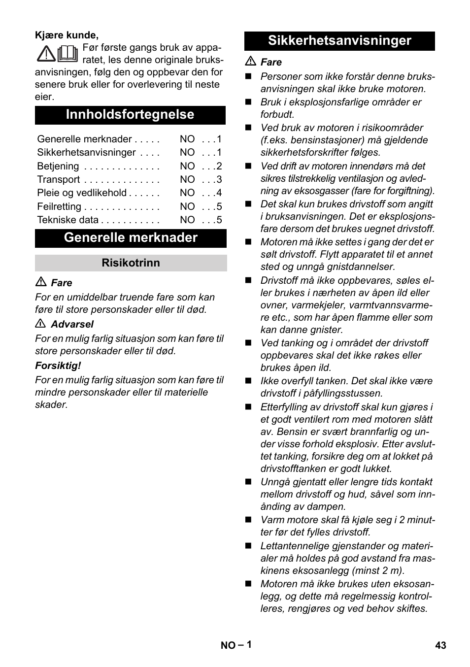 Norsk, Innholdsfortegnelse, Generelle merknader | Sikkerhetsanvisninger | Karcher G 4-10 M User Manual | Page 43 / 137