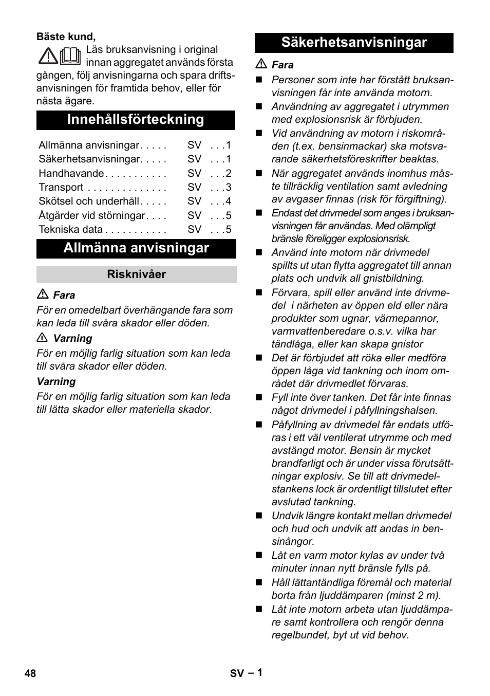 Svenska, Innehållsförteckning, Allmänna anvisningar | Säkerhetsanvisningar | Karcher G 4-10 M User Manual | Page 48 / 137