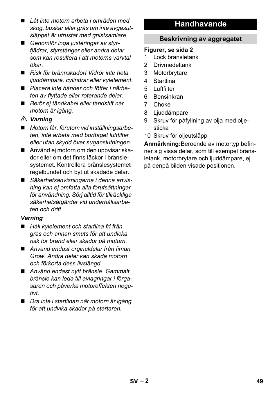 Handhavande | Karcher G 4-10 M User Manual | Page 49 / 137