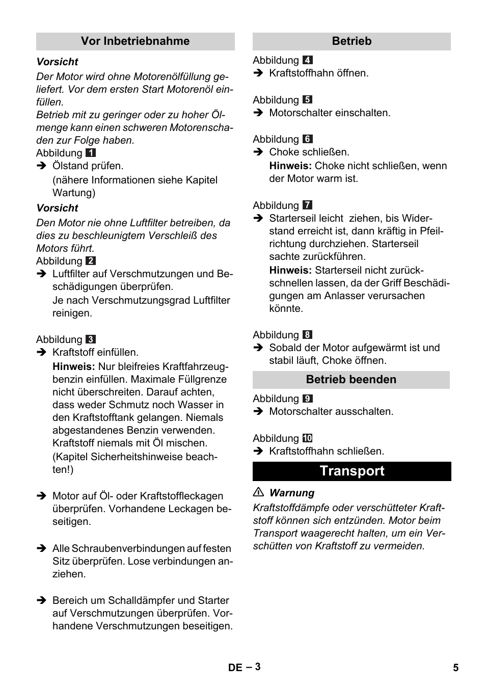 Transport | Karcher G 4-10 M User Manual | Page 5 / 137