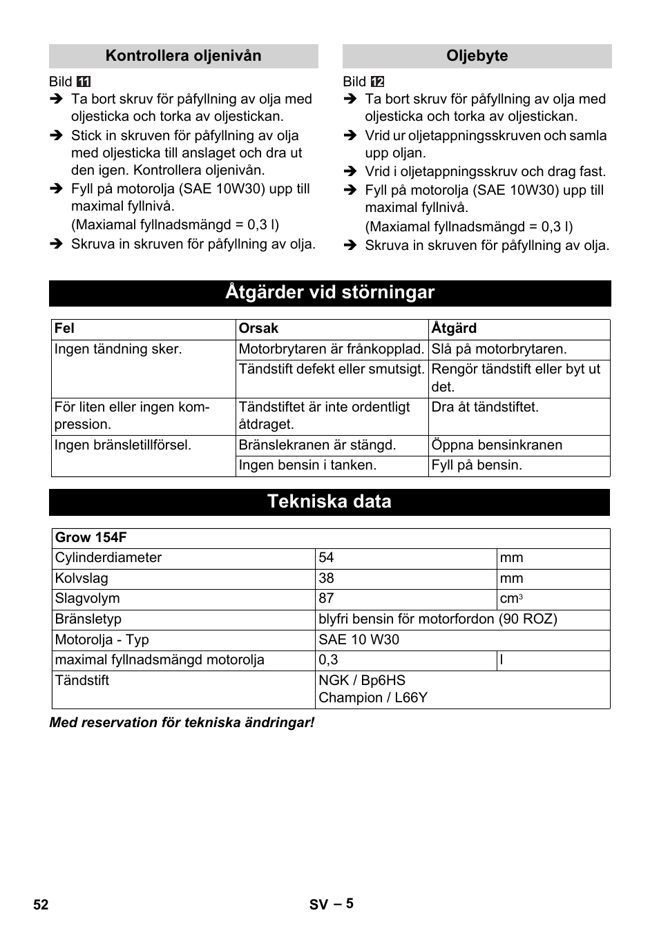 Åtgärder vid störningar, Tekniska data | Karcher G 4-10 M User Manual | Page 52 / 137