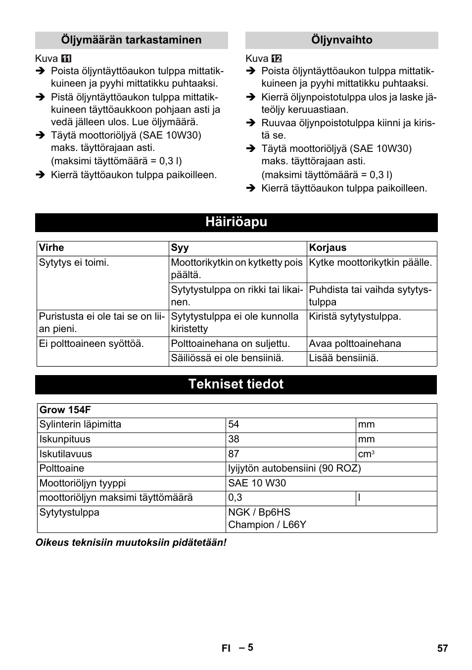 Häiriöapu, Tekniset tiedot | Karcher G 4-10 M User Manual | Page 57 / 137