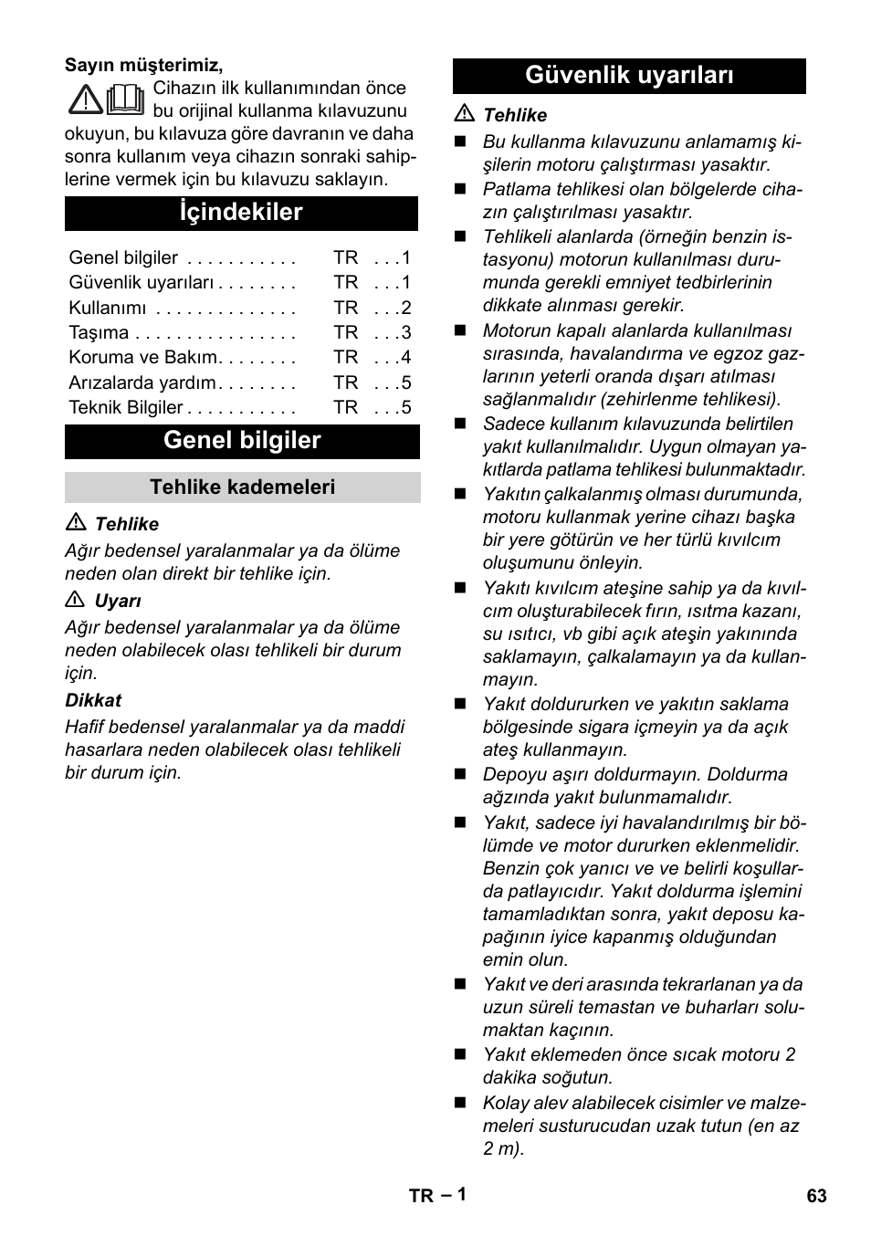 Türkçe, Içindekiler, Genel bilgiler | Güvenlik uyarıları | Karcher G 4-10 M User Manual | Page 63 / 137