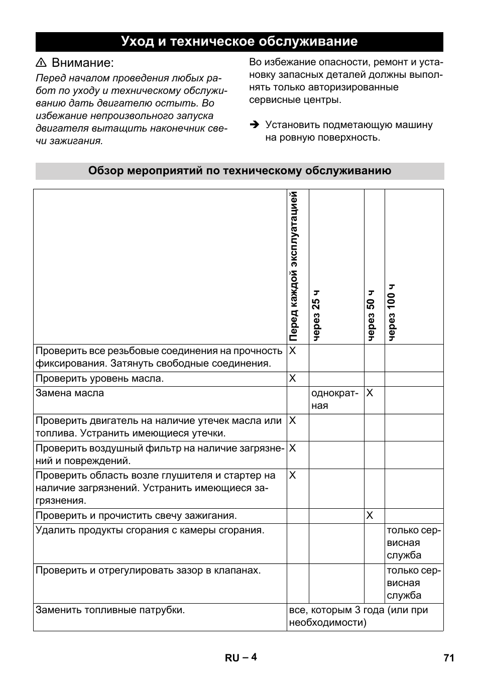 Уход и техническое обслуживание, Ṇ внимание | Karcher G 4-10 M User Manual | Page 71 / 137