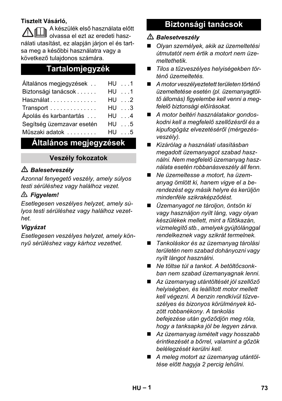 Magyar, Tartalomjegyzék, Általános megjegyzések | Biztonsági tanácsok | Karcher G 4-10 M User Manual | Page 73 / 137