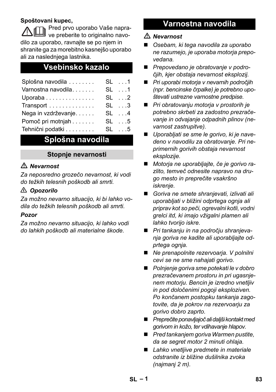 Slovenščina, Vsebinsko kazalo, Splošna navodila | Varnostna navodila | Karcher G 4-10 M User Manual | Page 83 / 137