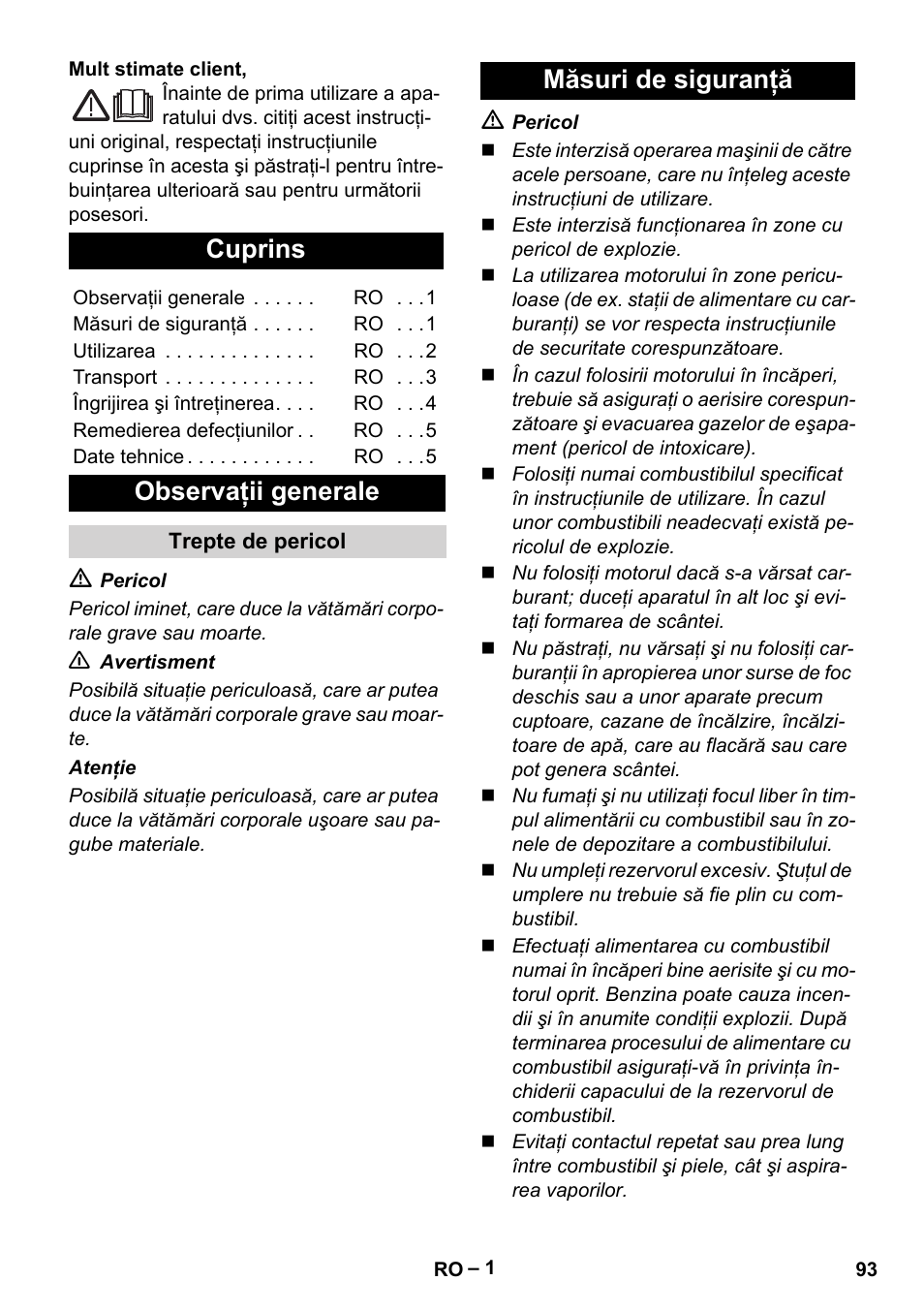 Româneşte, Cuprins, Observaţii generale | Măsuri de siguranţă | Karcher G 4-10 M User Manual | Page 93 / 137