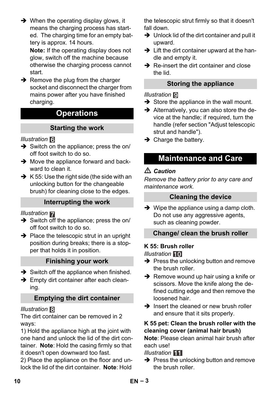 Operations, Maintenance and care | Karcher K 55 Pet Plus User Manual | Page 10 / 120