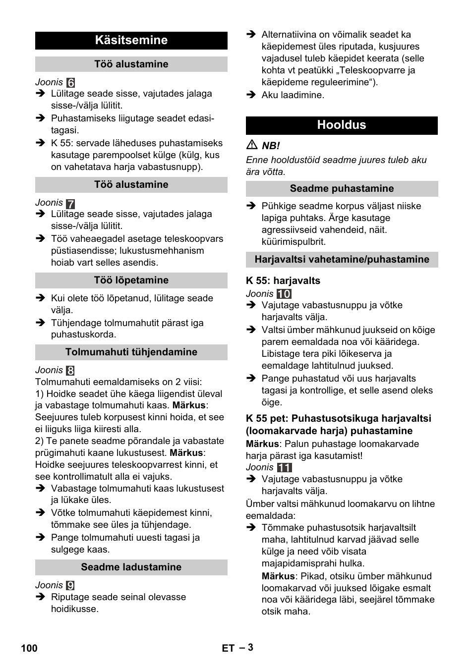 Käsitsemine, Hooldus | Karcher K 55 Pet Plus User Manual | Page 100 / 120