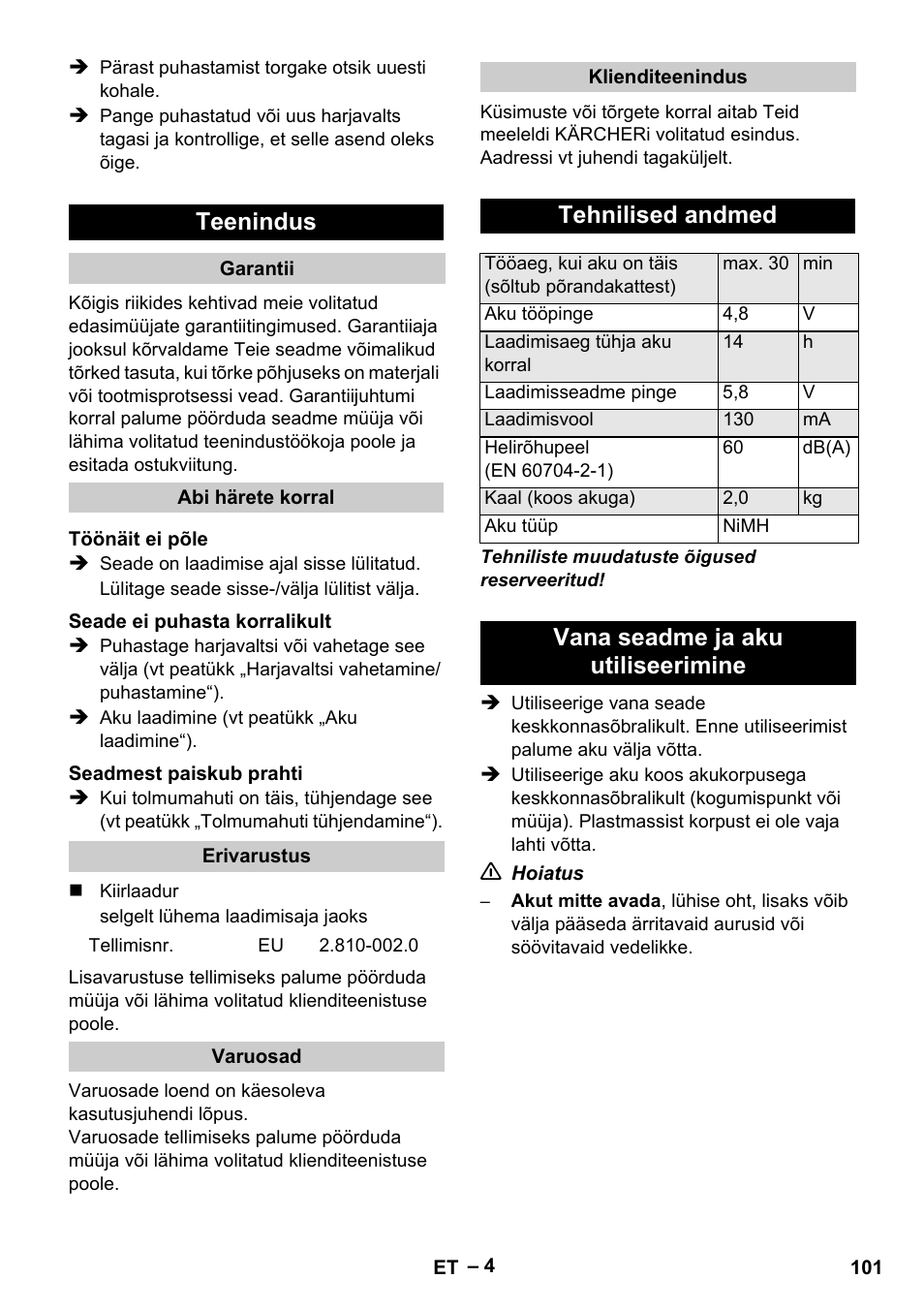 Teenindus, Tehnilised andmed, Vana seadme ja aku utiliseerimine | Karcher K 55 Pet Plus User Manual | Page 101 / 120