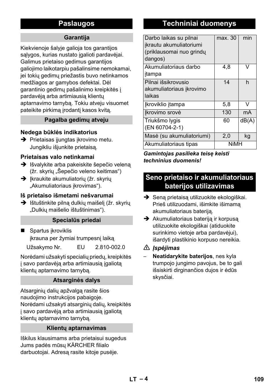 Paslaugos, Techniniai duomenys | Karcher K 55 Pet Plus User Manual | Page 109 / 120