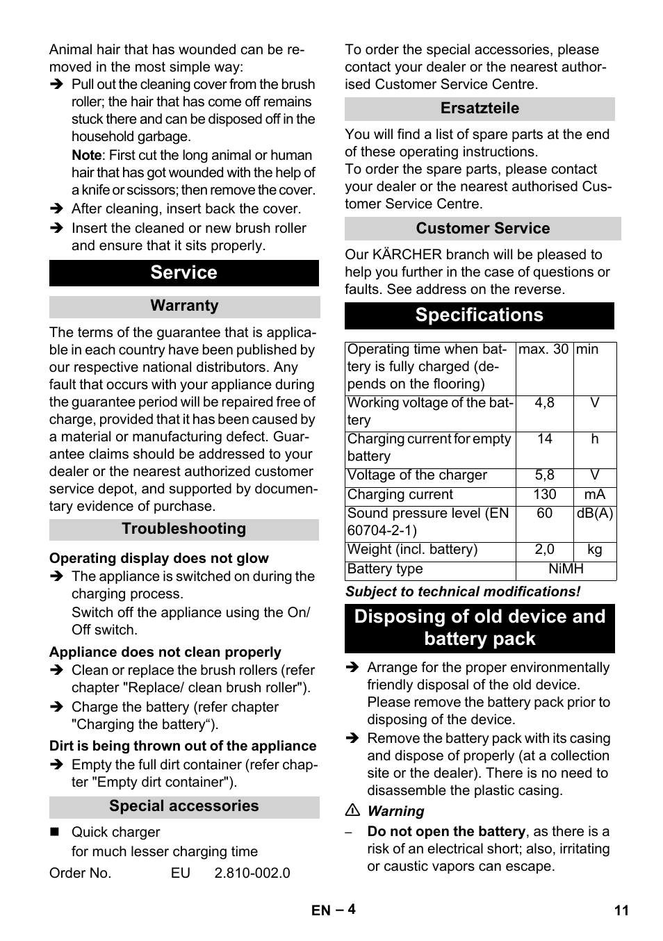Service, Specifications, Disposing of old device and battery pack | Karcher K 55 Pet Plus User Manual | Page 11 / 120