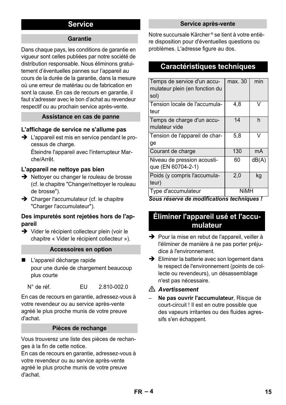 Service, Caractéristiques techniques, Éliminer l'appareil usé et l'accu- mulateur | Karcher K 55 Pet Plus User Manual | Page 15 / 120