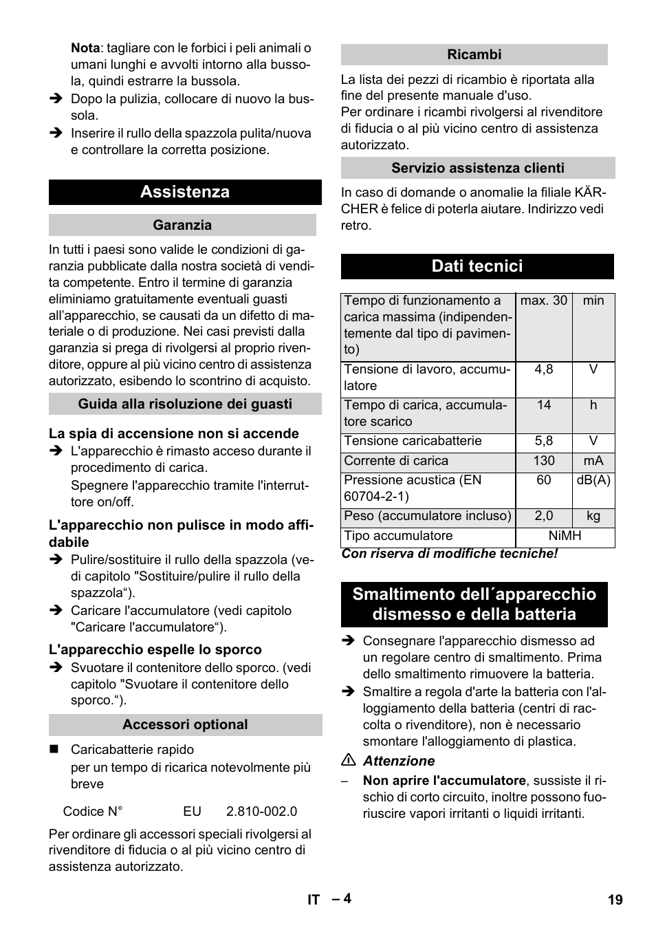 Assistenza, Dati tecnici | Karcher K 55 Pet Plus User Manual | Page 19 / 120