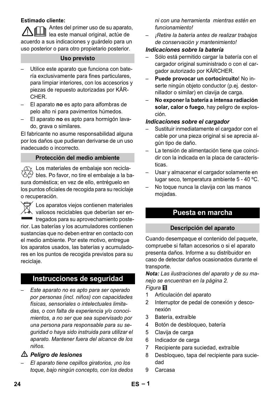 Español, Instrucciones de seguridad puesta en marcha | Karcher K 55 Pet Plus User Manual | Page 24 / 120