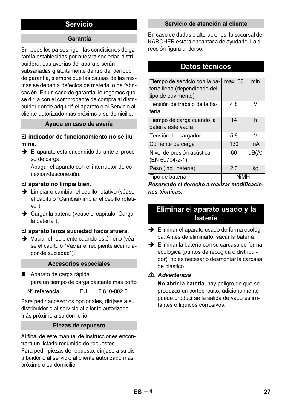 Servicio, Datos técnicos, Eliminar el aparato usado y la batería | Karcher K 55 Pet Plus User Manual | Page 27 / 120