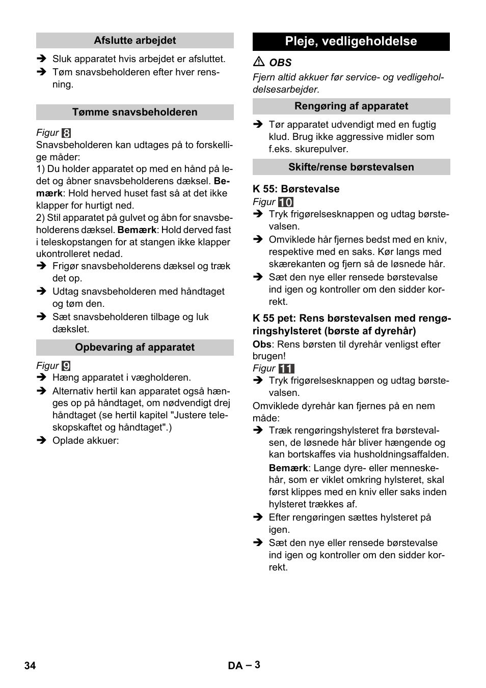 Pleje, vedligeholdelse | Karcher K 55 Pet Plus User Manual | Page 34 / 120