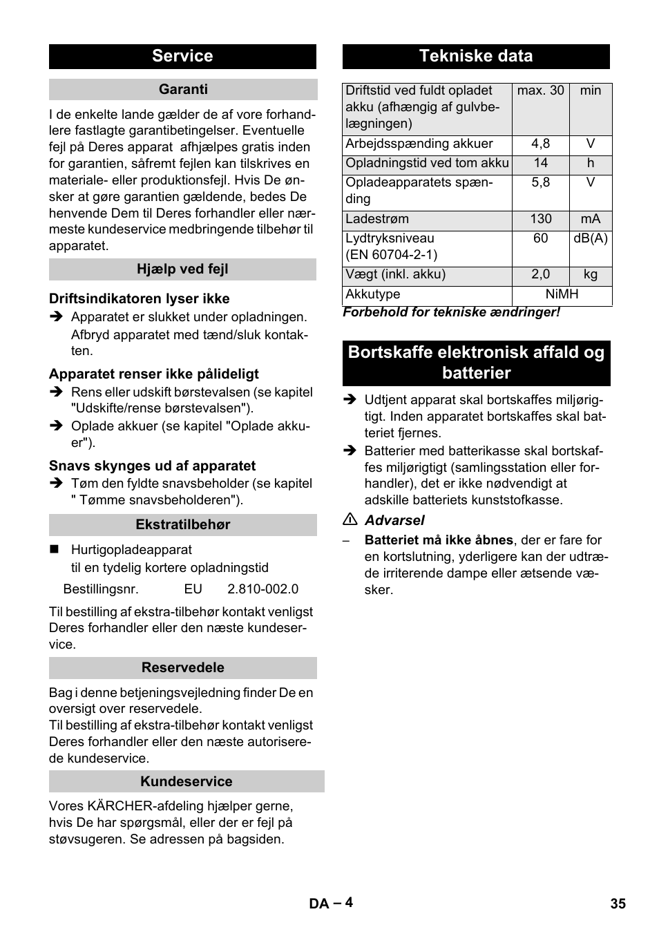 Service, Tekniske data, Bortskaffe elektronisk affald og batterier | Karcher K 55 Pet Plus User Manual | Page 35 / 120